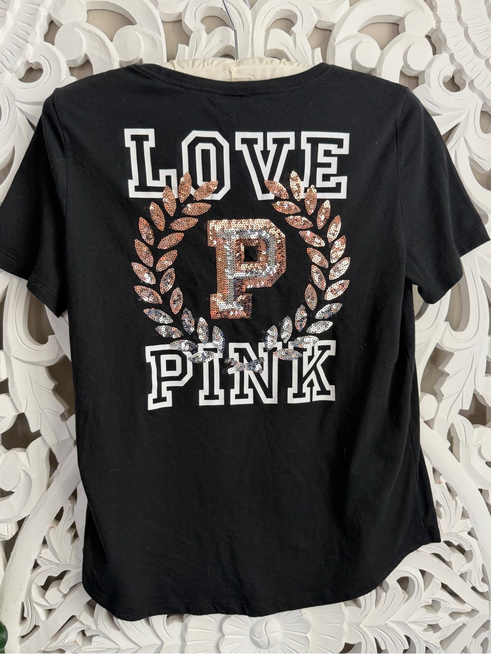PINK Victoria's Secret Black Tee with Rose Gold Sequin Logo